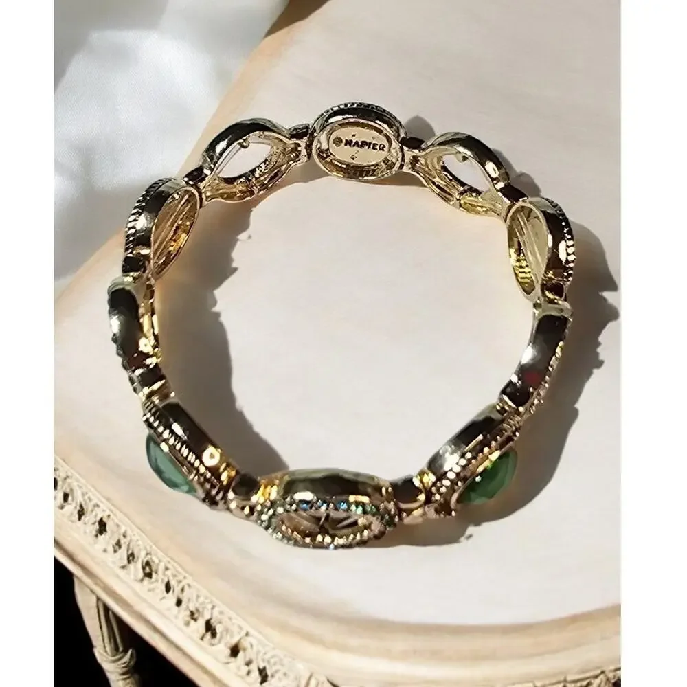 Napier Green Crystal Stretch Bracelet Vintage Gold Tone Moody Glam